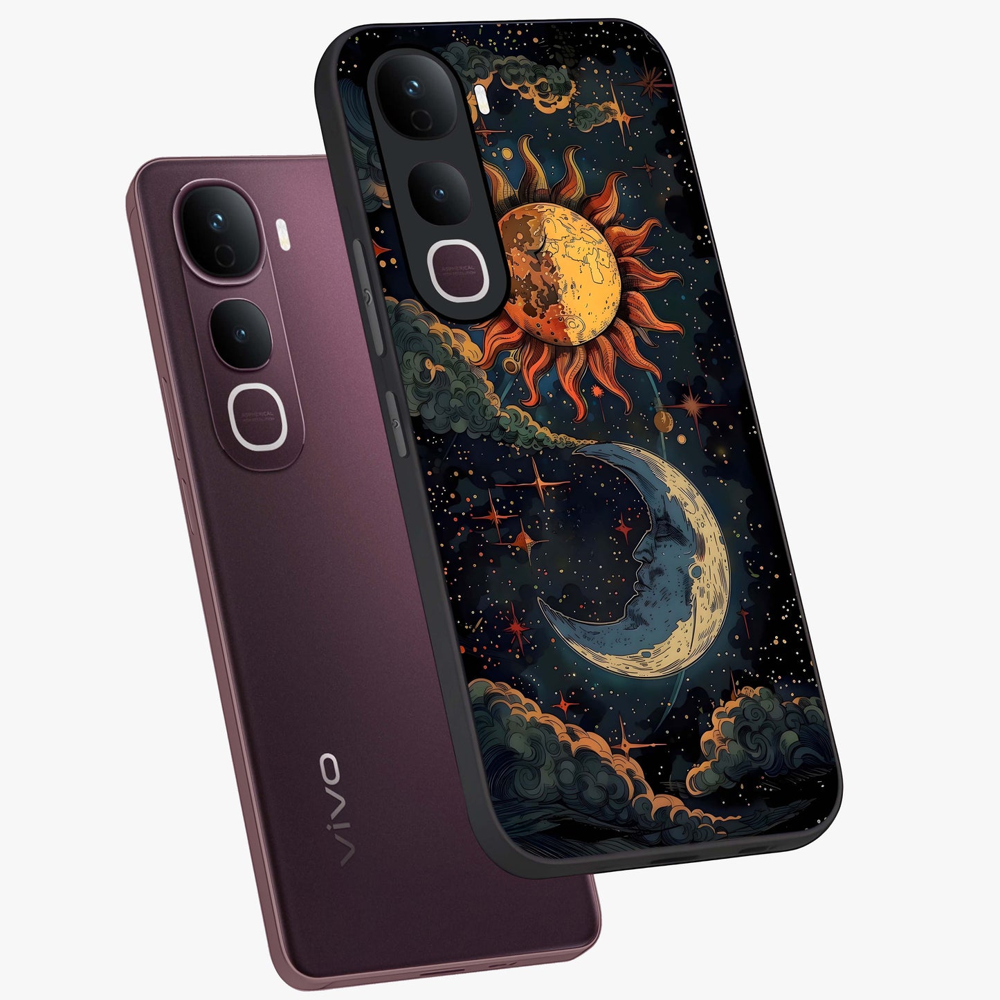Sun And Moon Magic Design Glass Case displayed in angled mockup highlighting celestial design with magical cosmic aesthetic.
