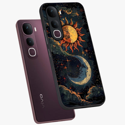 Sun And Moon Magic Design Glass Case displayed in angled mockup highlighting celestial design with magical cosmic aesthetic.