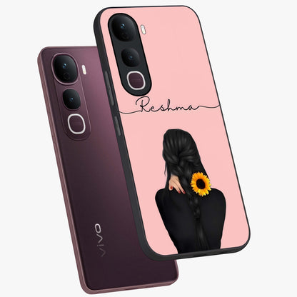 Sunflower Braid Beauty With Custom Name Glass Case displayed in angled mockup highlighting elegant sunflower design with custom name feature.