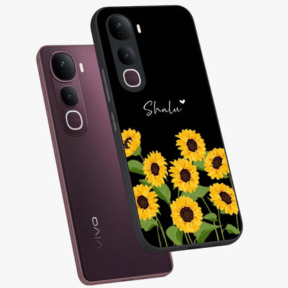 Sunflower Chic Mood Custom Name Glass Case displayed in angled mockup highlighting vibrant sunflower design with custom name feature.