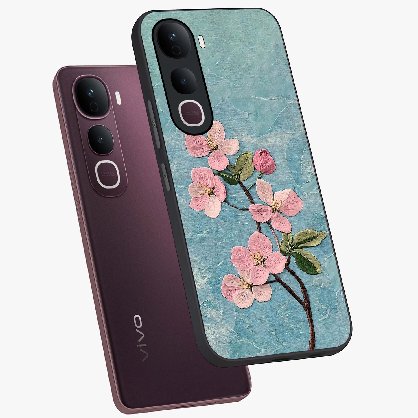 Threaded Blossom Breeze Glass Case displayed in angled mockup highlighting elegant floral design with soft aesthetic style.