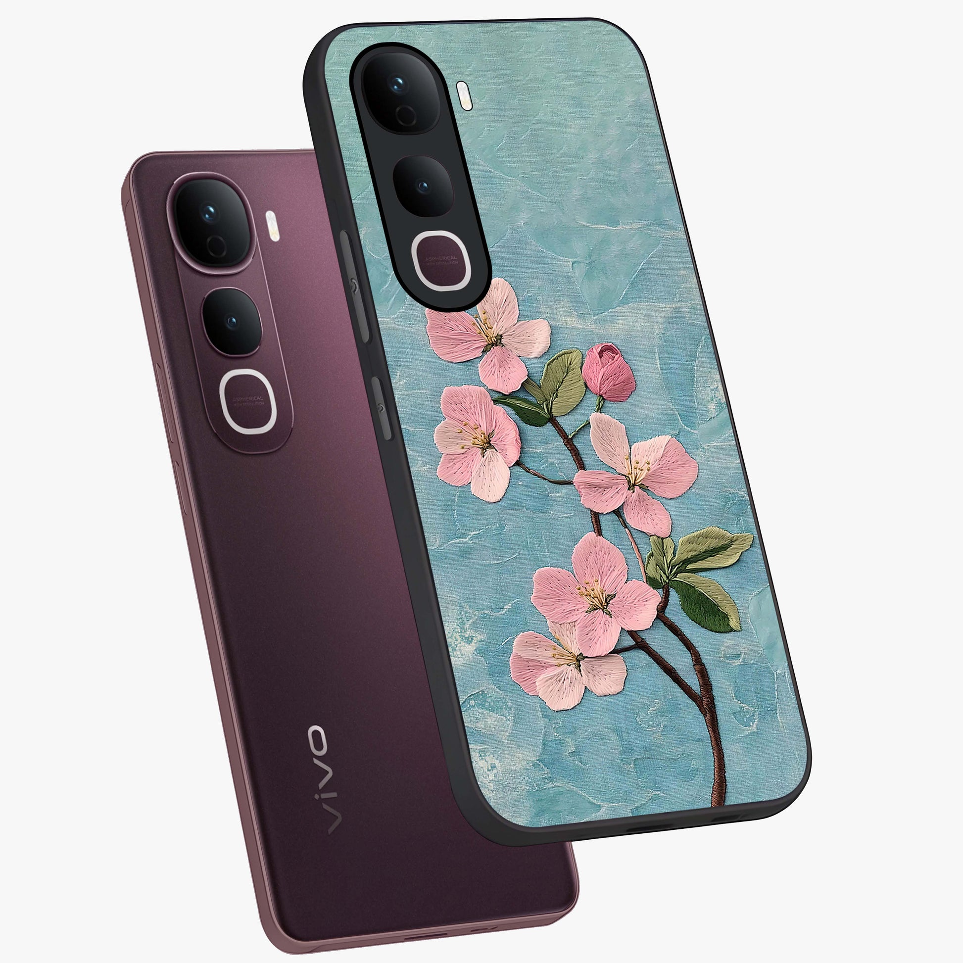 Threaded Blossom Breeze Glass Case displayed in angled mockup highlighting elegant floral design with soft aesthetic style.