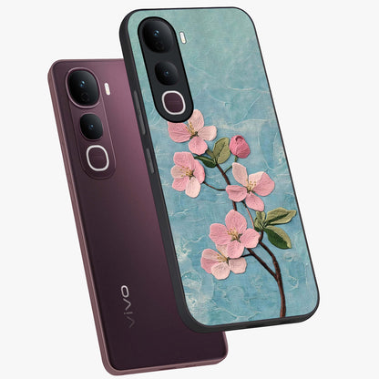 Threaded Blossom Breeze Glass Case displayed in angled mockup highlighting elegant floral design with soft aesthetic style.