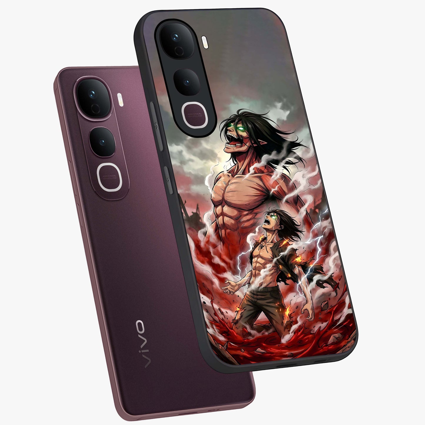 Titan Awakening Fury Glass Case displayed in angled mockup highlighting dramatic giant warrior design with bold anime aesthetic.