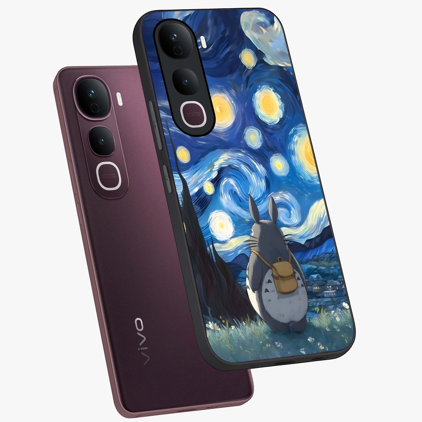 Totoro In Van Gogh Art Glass Case displayed in angled mockup highlighting artistic swirling sky design with playful animation aesthetic.