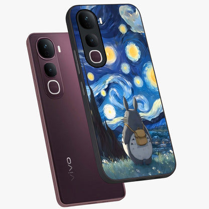 Totoro In Van Gogh Art Glass Case displayed in angled mockup highlighting artistic swirling sky design with playful animation aesthetic.