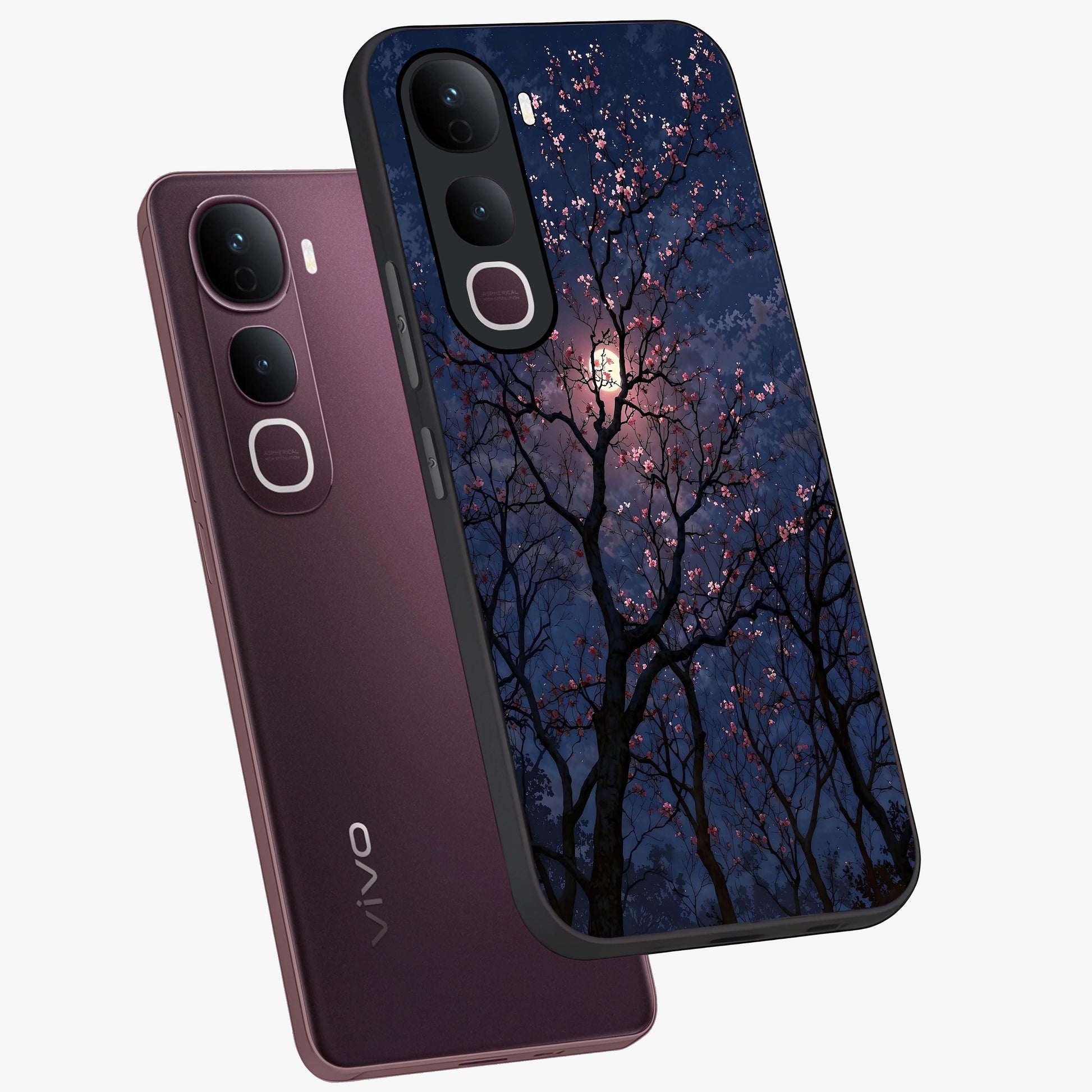 Twilight Sakura Serenade Glass Case displayed in angled mockup highlighting delicate sakura flower design with dreamy aesthetic.