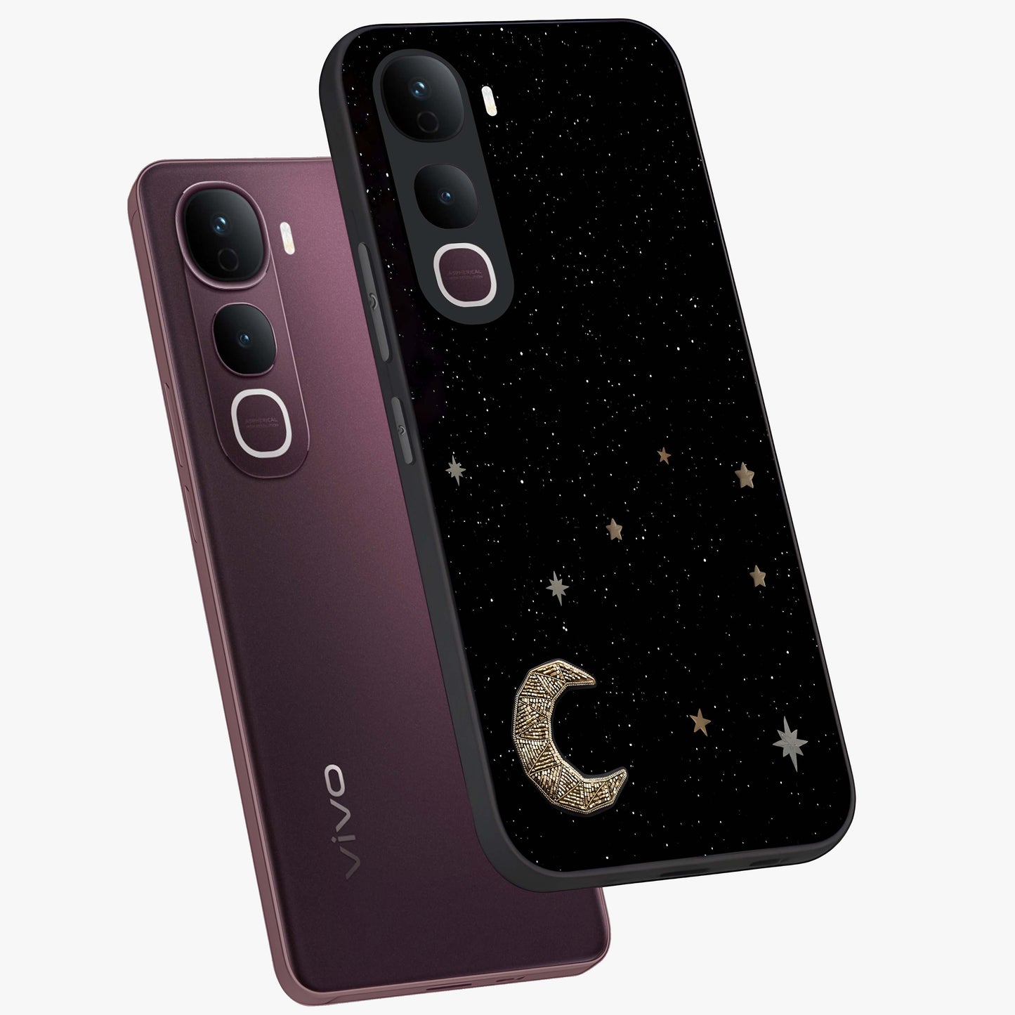Twinkle Star With Half Moon Glass Case displayed in angled mockup highlighting celestial moon and star design with magical aesthetic.