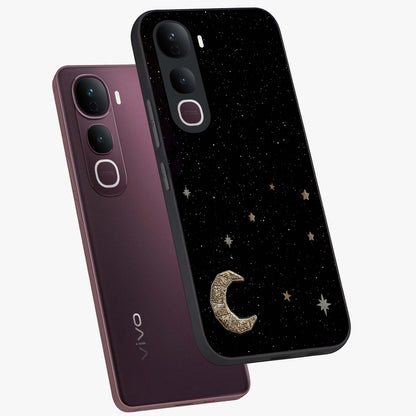 Twinkle Star With Half Moon Glass Case displayed in angled mockup highlighting celestial moon and star design with magical aesthetic.