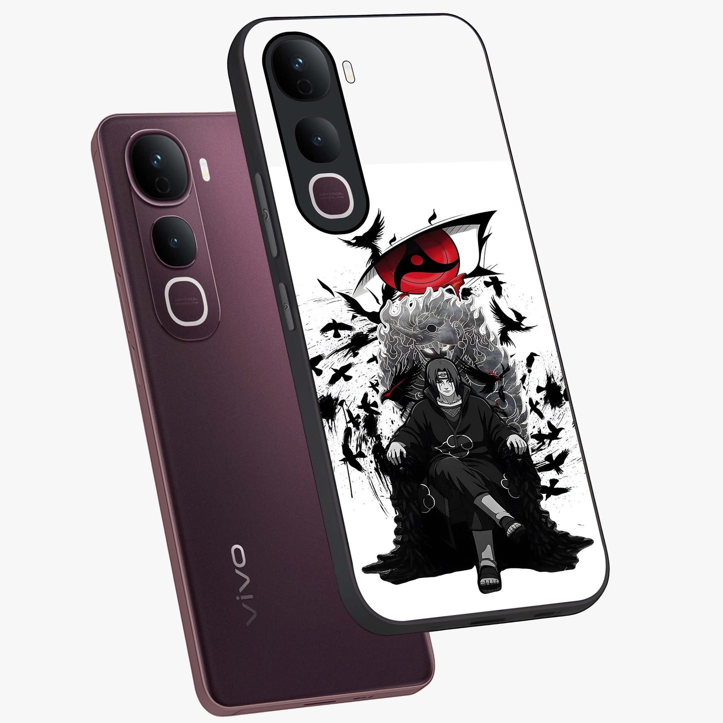 Uchiha Shadow Throne Glass Case displayed in angled mockup highlighting glowing aquatic design with celestial aesthetic.