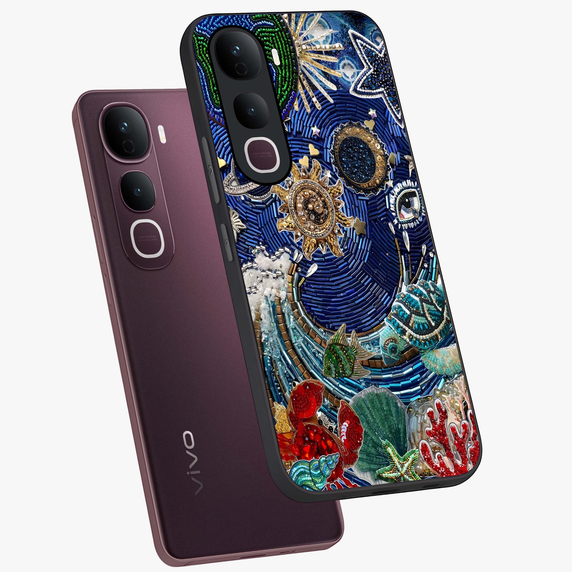 Universe Underwater Spark Glass Case displayed in angled mockup highlighting glowing aquatic design with celestial aesthetic.