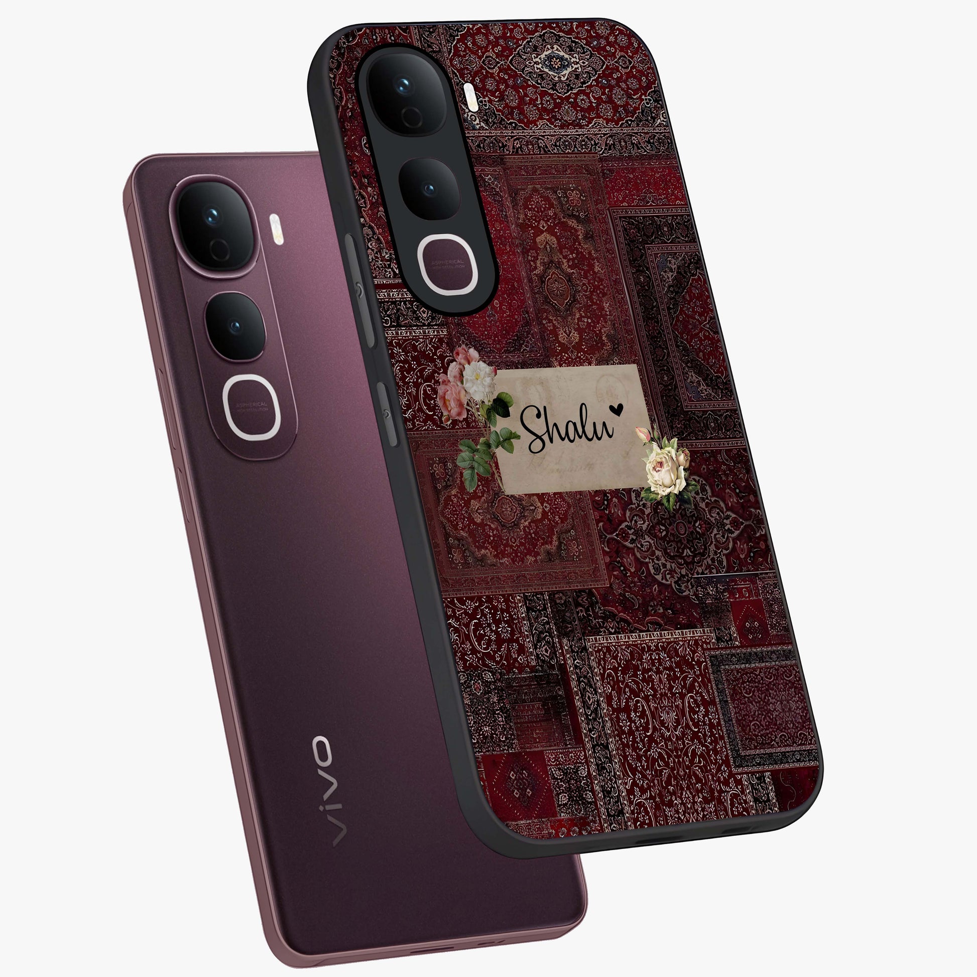 Velvet Wine Pattern Custom Name Glass Case displayed in angled mockup highlighting decorative velvet inspired design with custom name feature.