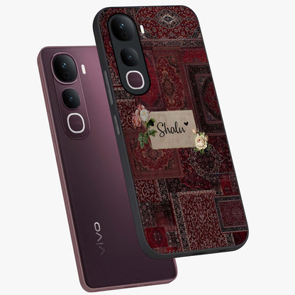 Velvet Wine Pattern Custom Name Glass Case displayed in angled mockup highlighting decorative velvet inspired design with custom name feature.