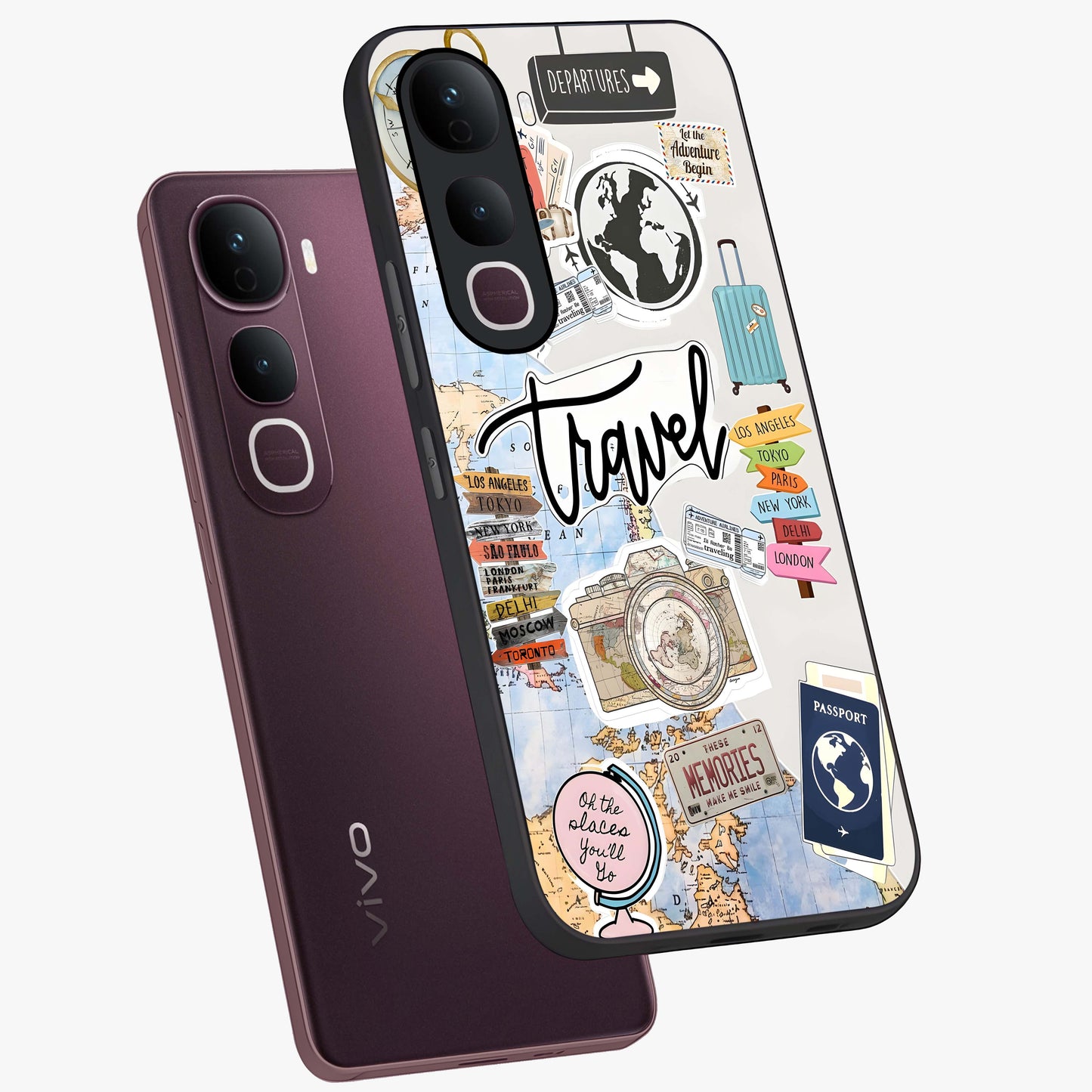 Wanderlust Journal Glass Case displayed in angled mockup highlighting adventure themed design with aesthetic travel vibe.
