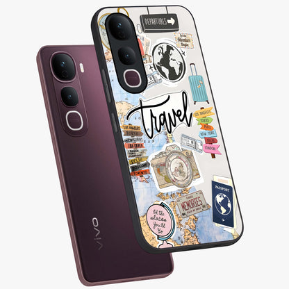 Wanderlust Journal Glass Case displayed in angled mockup highlighting adventure themed design with aesthetic travel vibe.