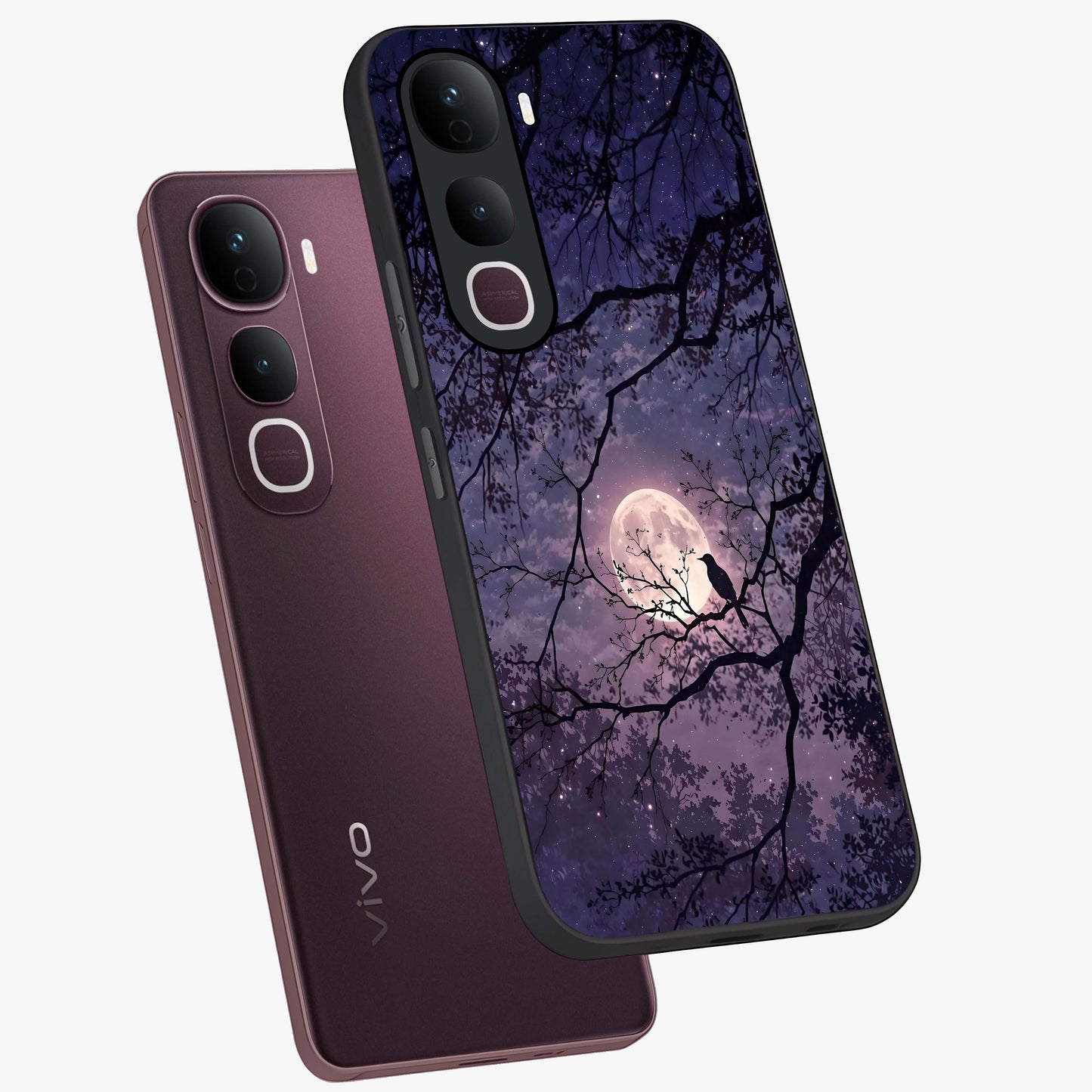 Whispering Moon Silence Glass Case displayed in angled mockup highlighting calm lunar design with dreamy night aesthetic.