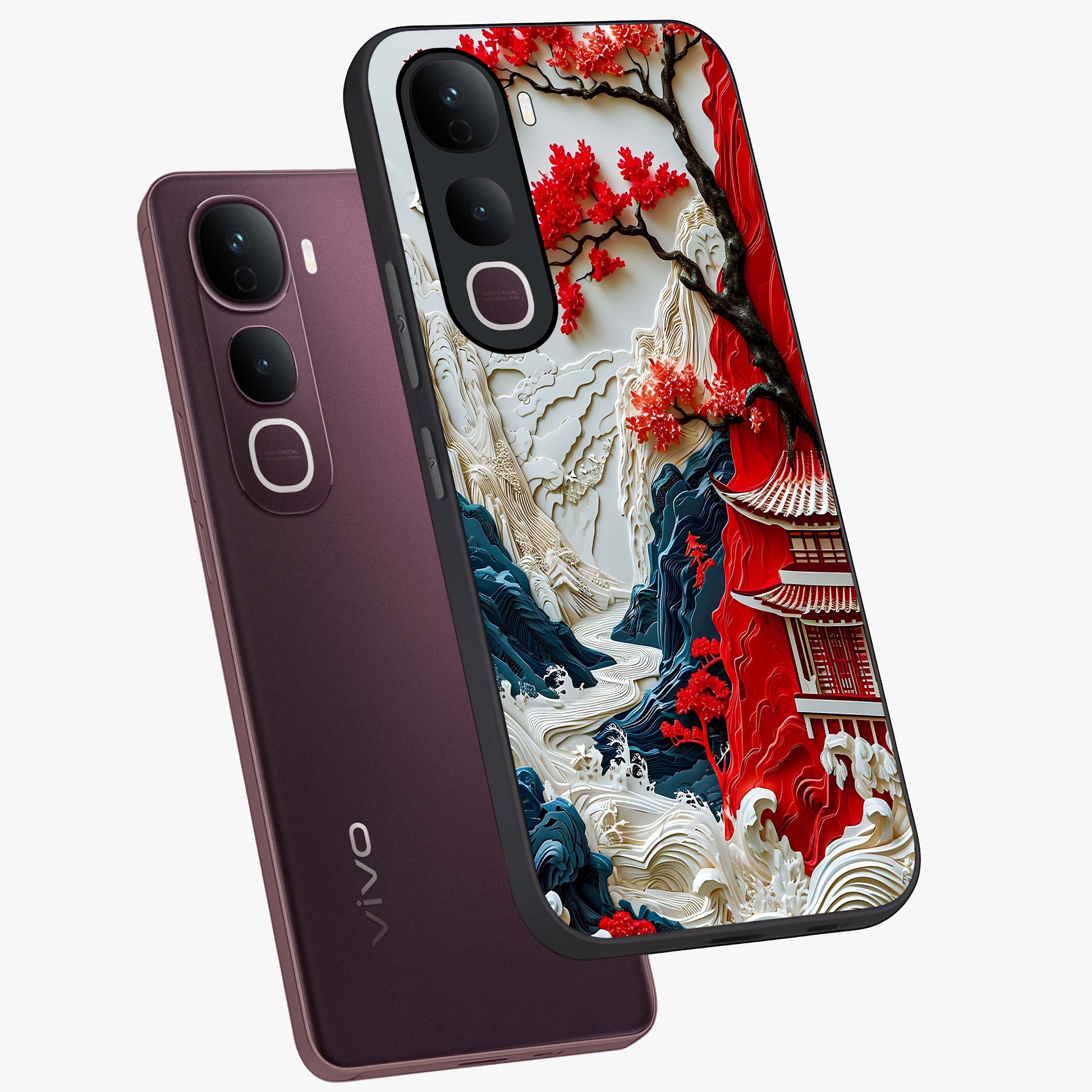 Whispers Of Sakura Waves Glass Case displayed in angled mockup highlighting flowing sakura design with soft floral aesthetic.