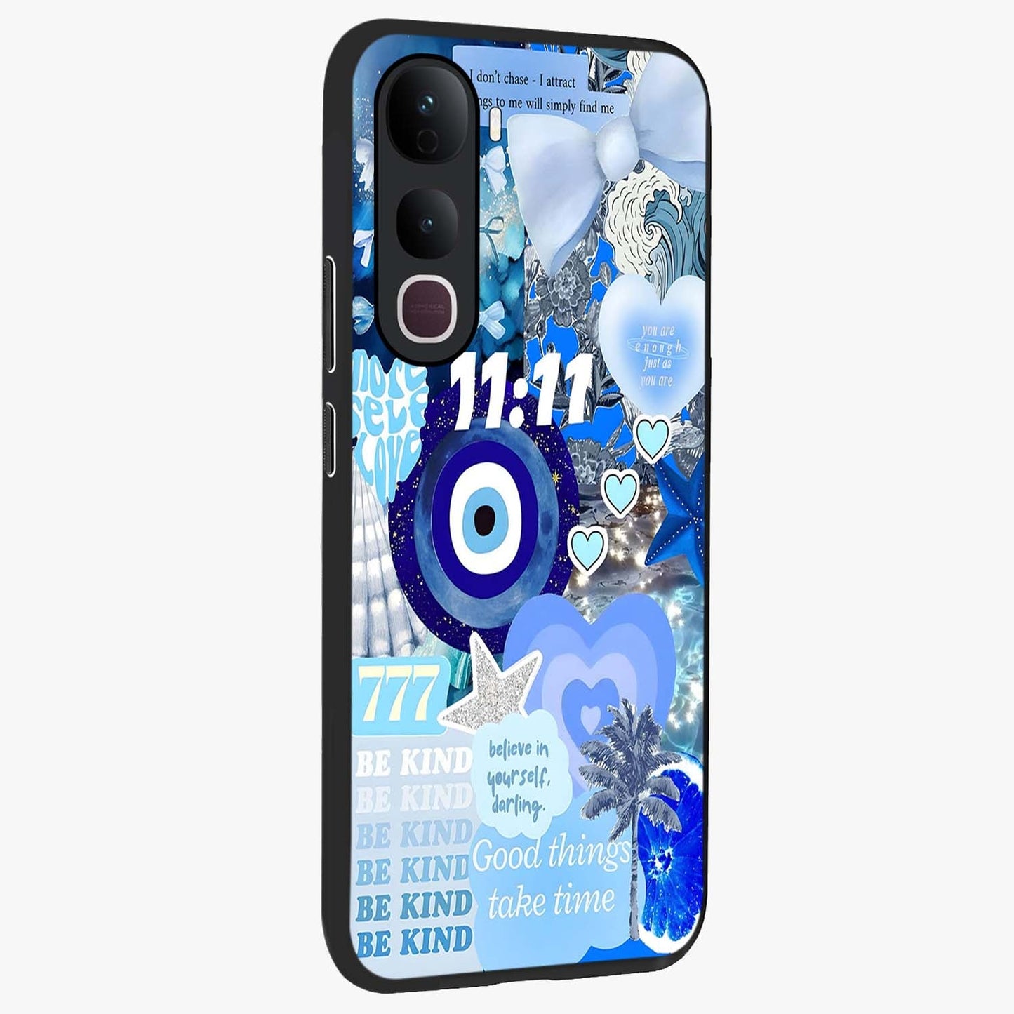 Aesthetic Be Kind Eye Glass Case upright view showcasing stylish eye illustration with positive message theme.