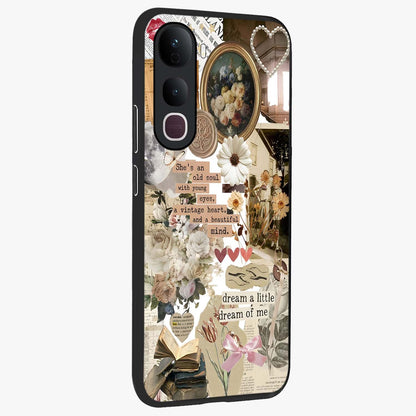 Aesthetic Brown Vintage Collage Glass Case upright view showcasing nostalgic retro artwork with stylish vintage theme.