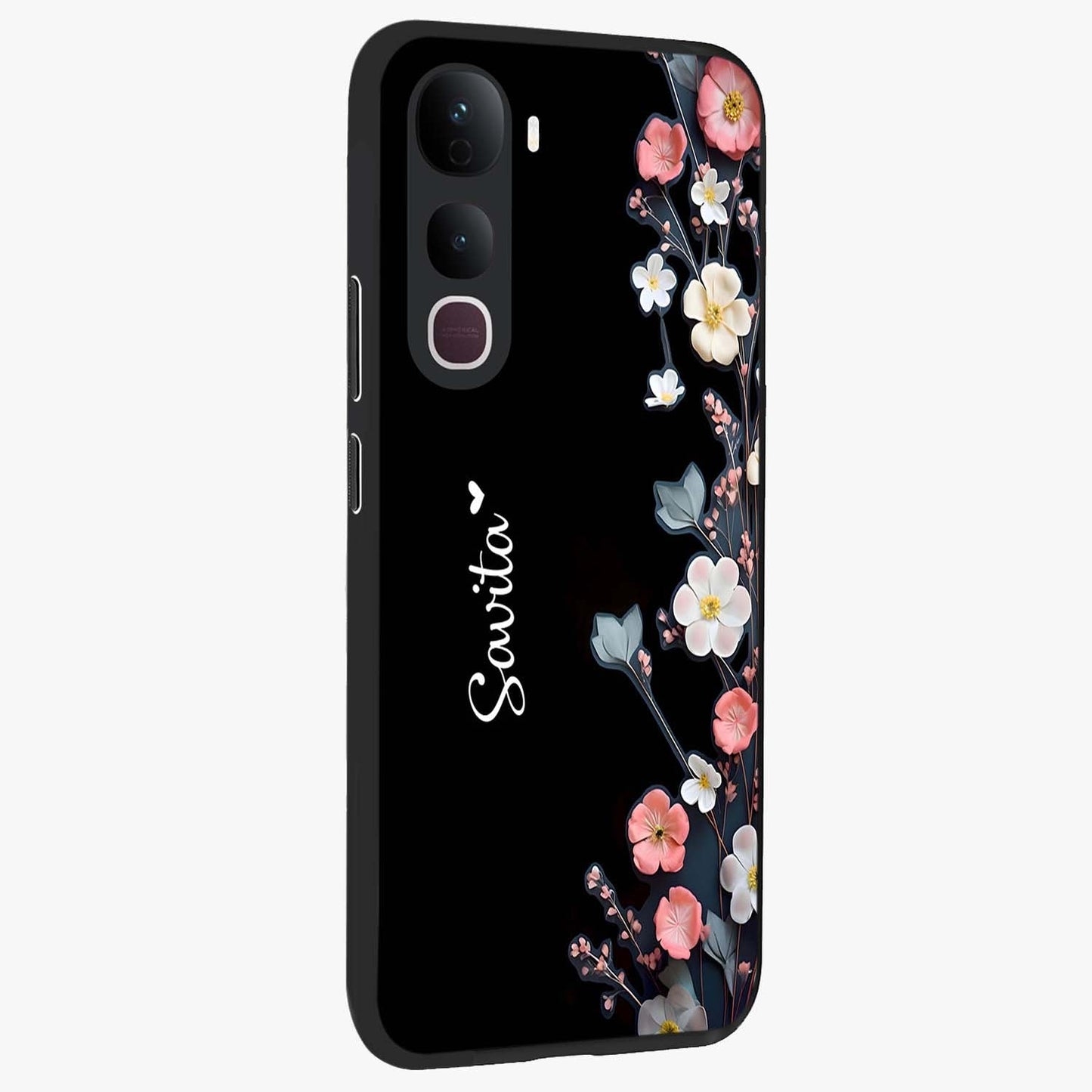 Black Elegance Floral Custom Name Glass Case upright view showcasing luxurious black floral design with personalized name detail.