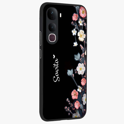 Black Elegance Floral Custom Name Glass Case upright view showcasing luxurious black floral design with personalized name detail.
