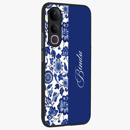 Blue Vintage Floral Pattern Glass Case upright view showcasing delicate blush floral texture with modern minimal style.