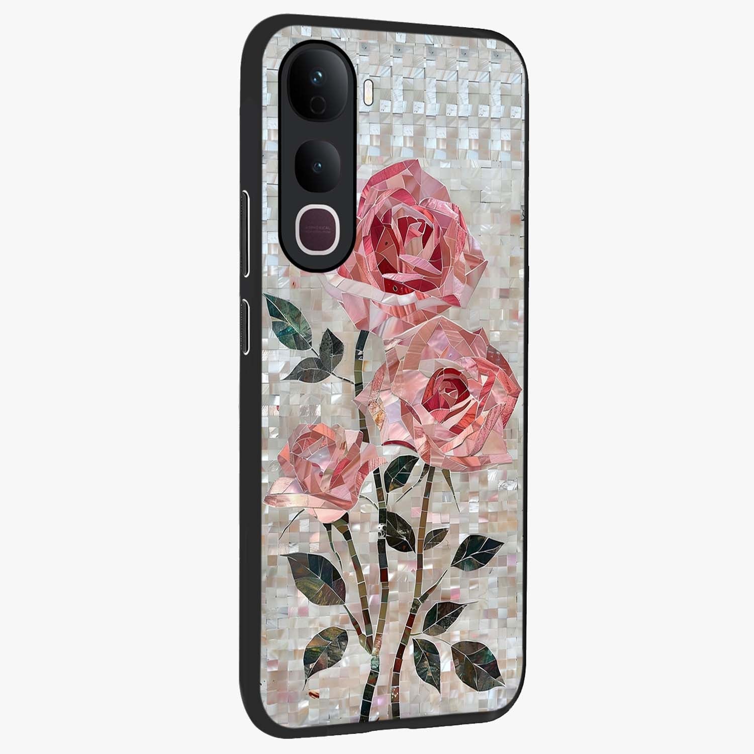 Blush Mosaic Bloom Glass Case upright view showcasing decorative floral mosaic artwork with stylish modern aesthetic.