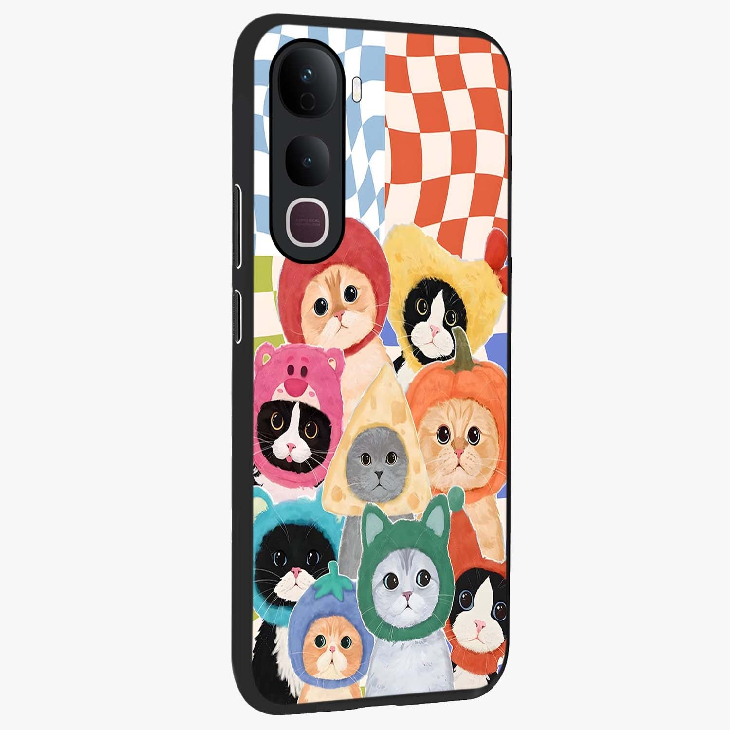 Cats in Fruits Glass Case upright view showcasing charming cat artwork with fun fruity theme.