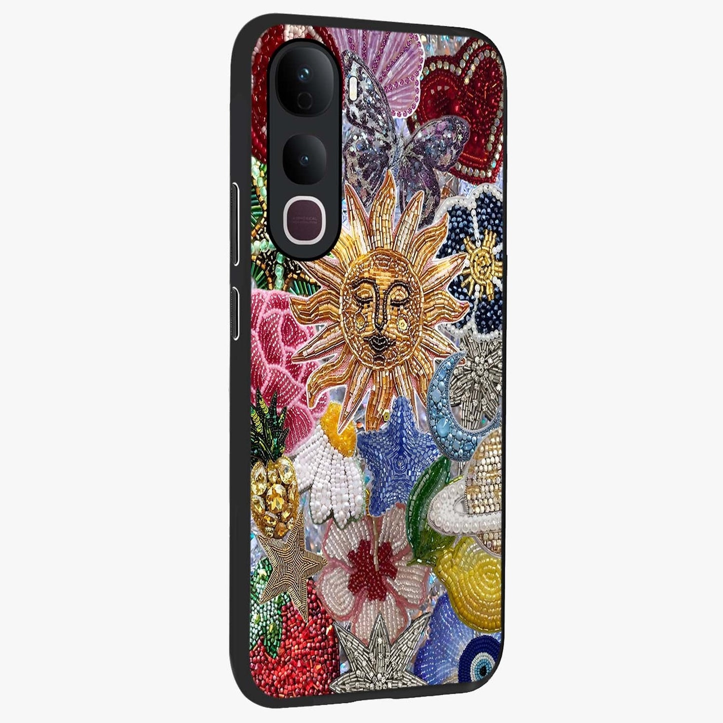 Celestial Floral and Playful Glass Case upright view showcasing whimsical floral artwork with cosmic aesthetic theme.