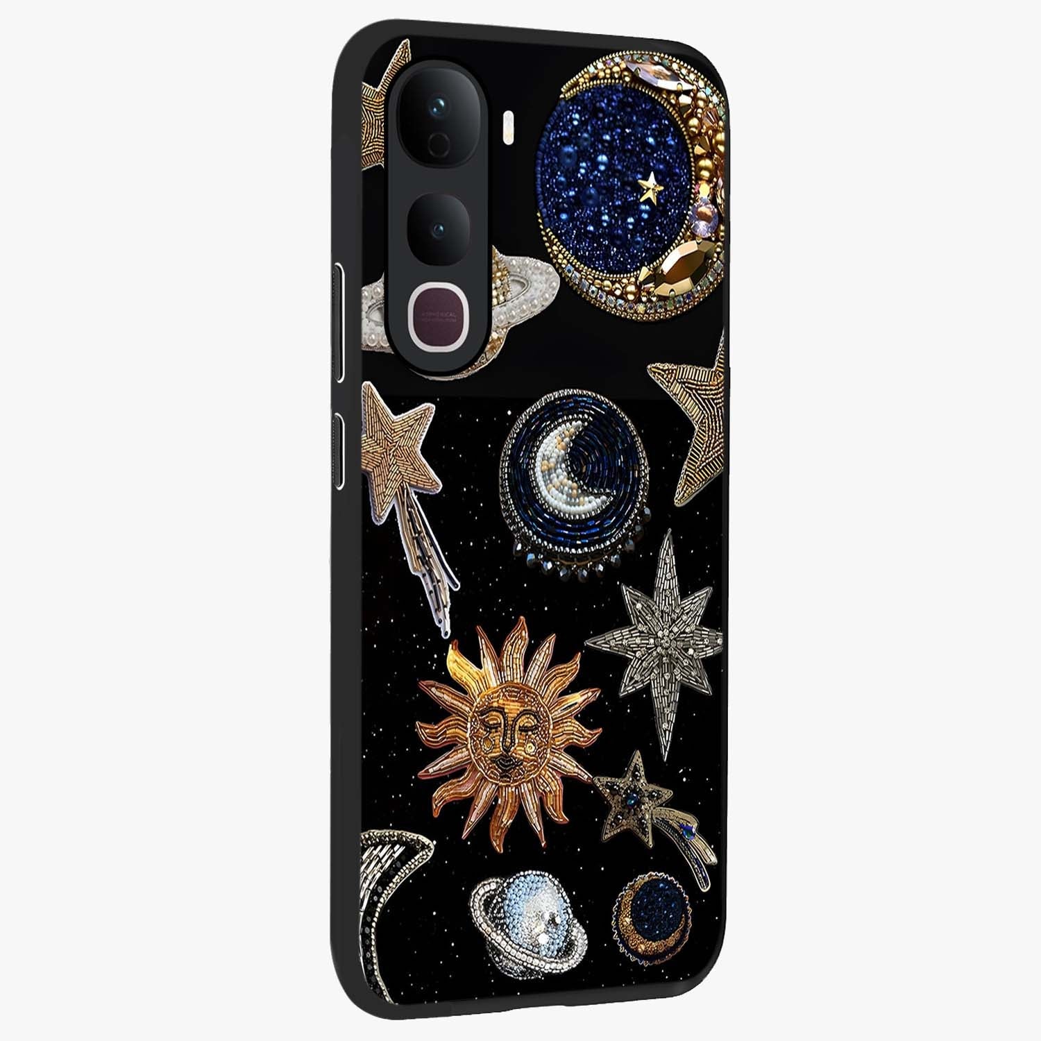 Celestial Gem Constellations Glass Case upright view showcasing cosmic constellation artwork with celestial aesthetic style.
