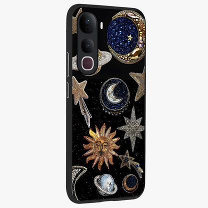 Celestial Gem Constellations Glass Case upright view showcasing cosmic constellation artwork with celestial aesthetic style.