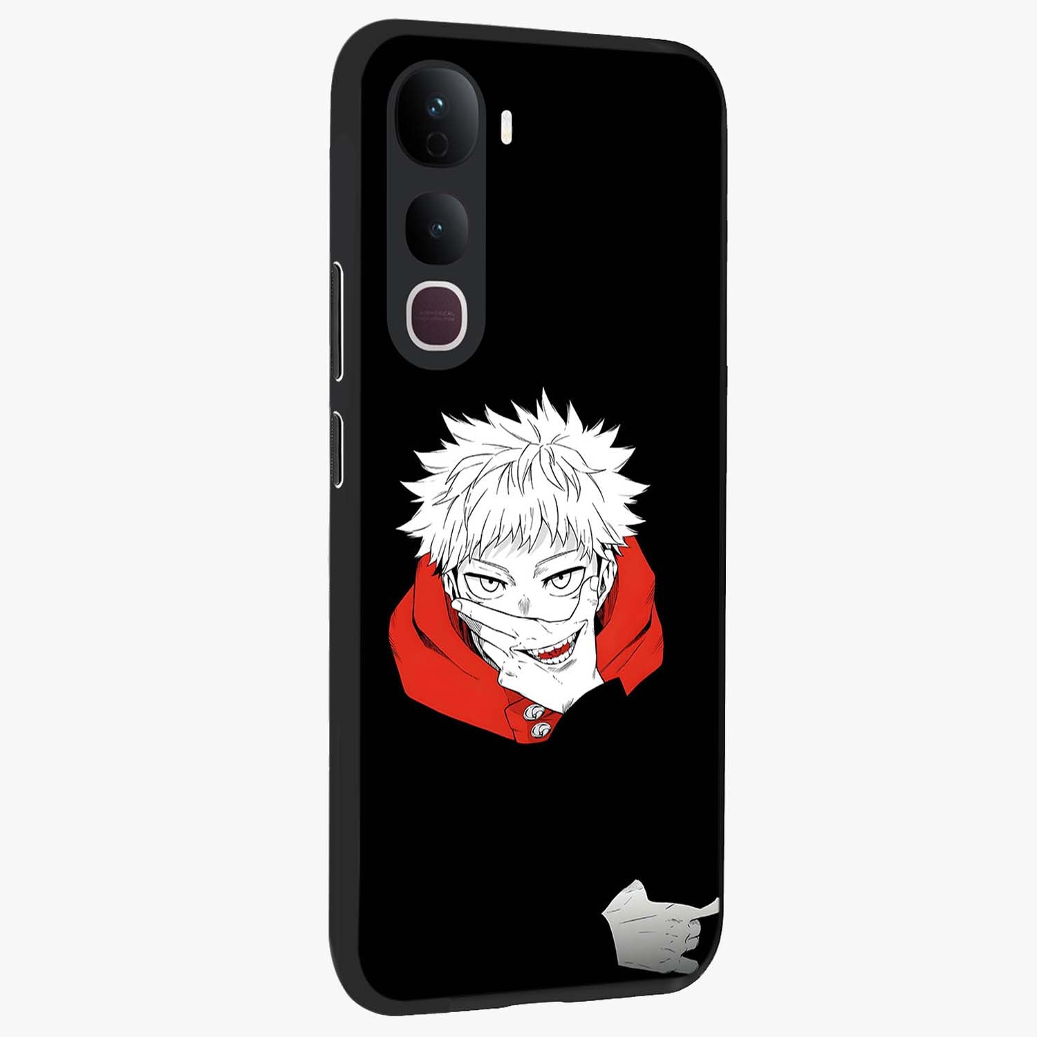 Crimson Chaos Smile Glass Case upright view showcasing expressive chaotic artwork with striking visual theme.