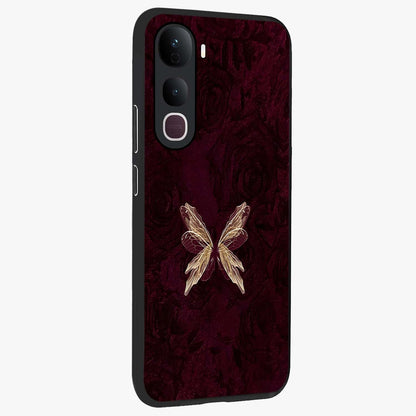 Crimson Fade Butterfly Glass Case upright view showcasing graceful butterfly artwork with soft crimson fade effect.