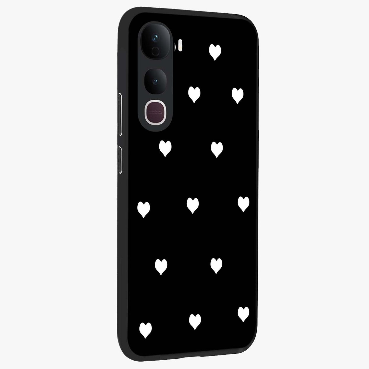 Cute And Simple White Hearts Glass Case upright view showcasing simple white hearts artwork with soft minimal theme.
