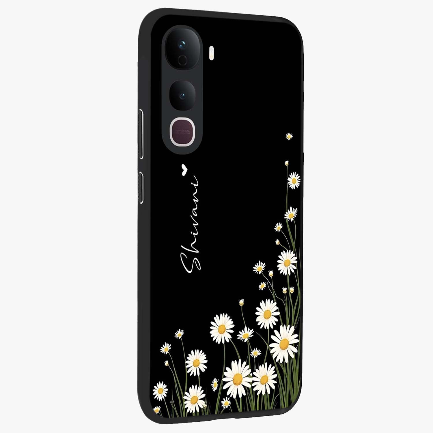 Daisy Cascade Custom Name Glass Case upright view showcasing elegant floral cascade design with personalized aesthetic.