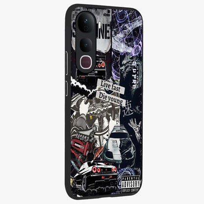 Die Young Glass Case upright view showcasing striking typography artwork with modern statement theme.
