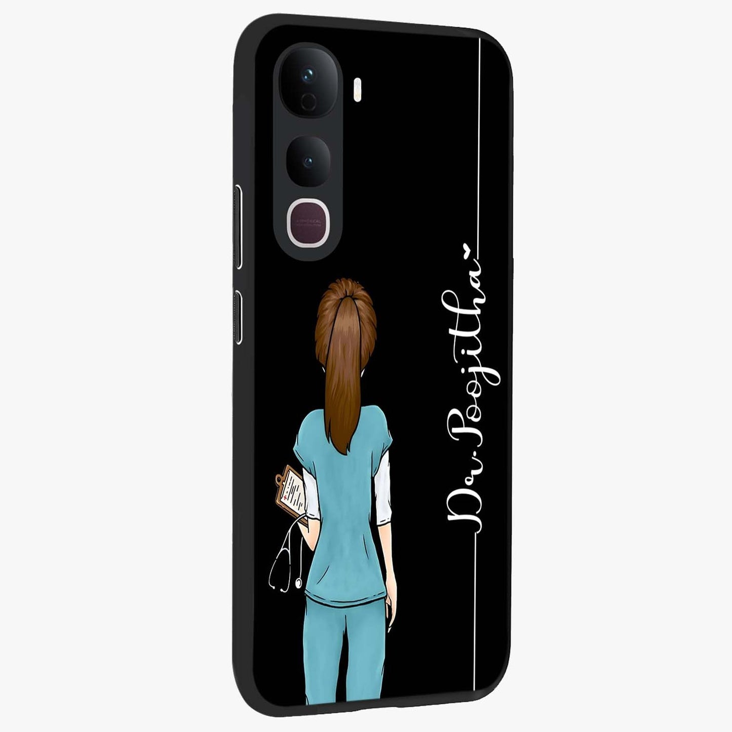 Doctor Pattern Custom Name Glass Case upright view showcasing healthcare themed design with personalized aesthetic.