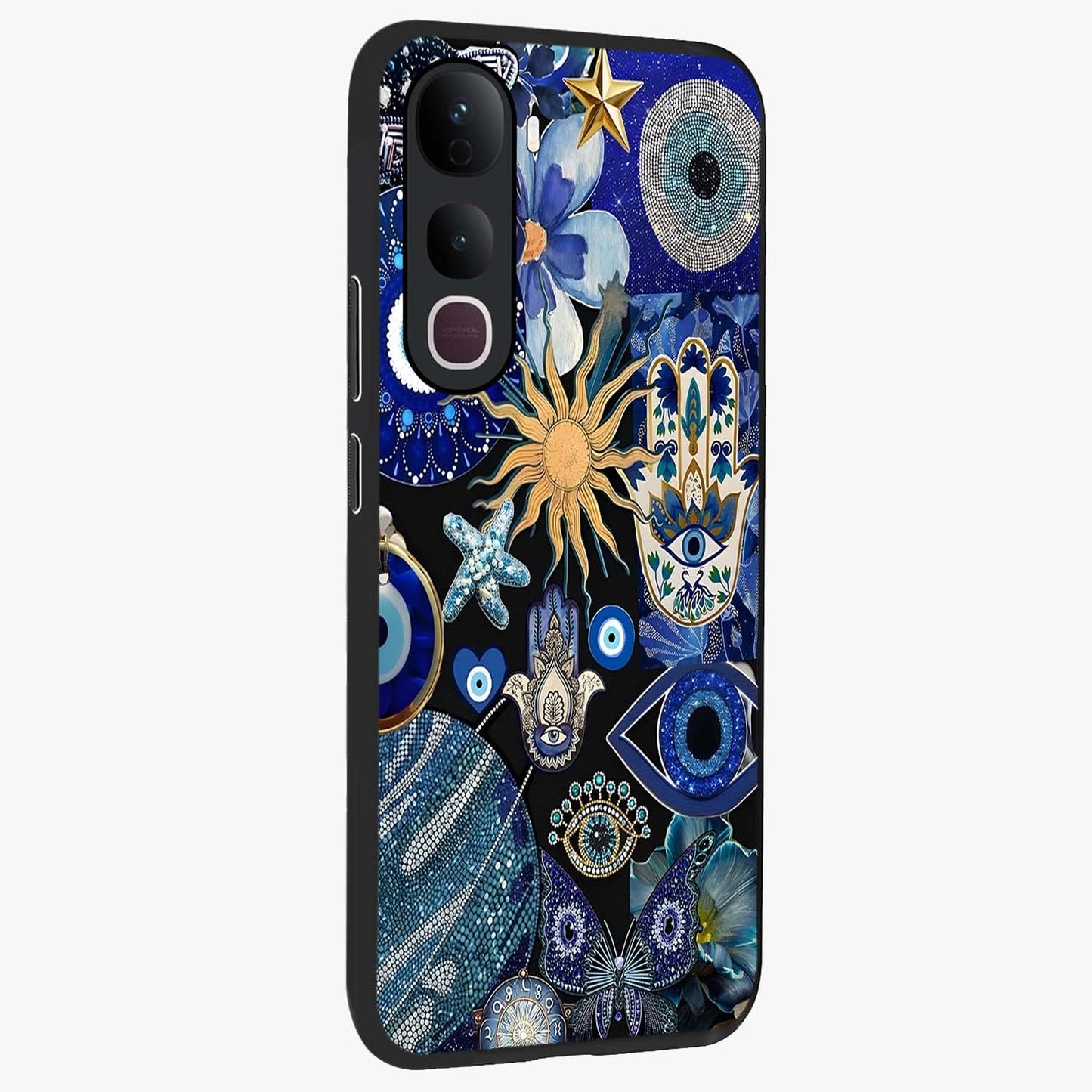 Evil Eye Charm Mix Glass Case upright view showcasing mystical evil eye pattern with vibrant decorative style.