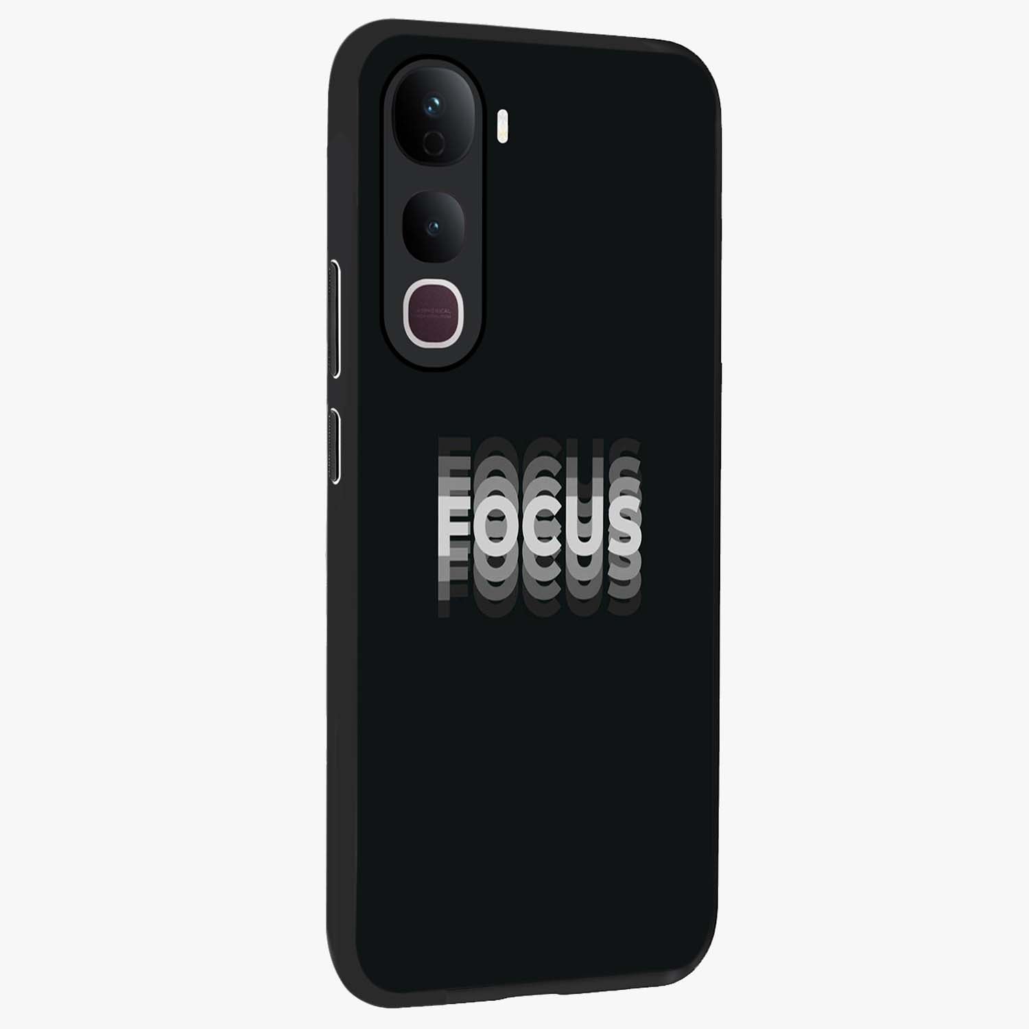 Focus Mode On Glass Case upright view showcasing strong typography statement with sleek motivational theme.