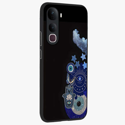 Galactic Charm Cluster Glass Case upright view showcasing glowing cosmic charm artwork with magical celestial style.