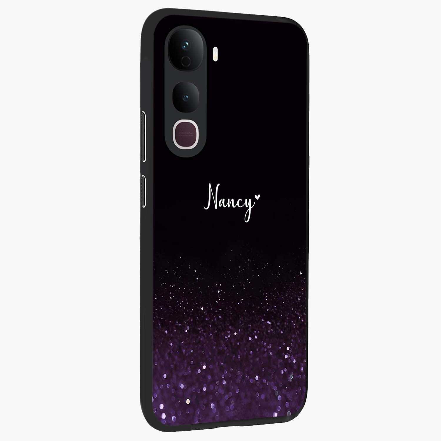 Glittery Purple Bokeh Custom Name Glass Case upright view showcasing vibrant purple sparkle artwork with personalized aesthetic style.