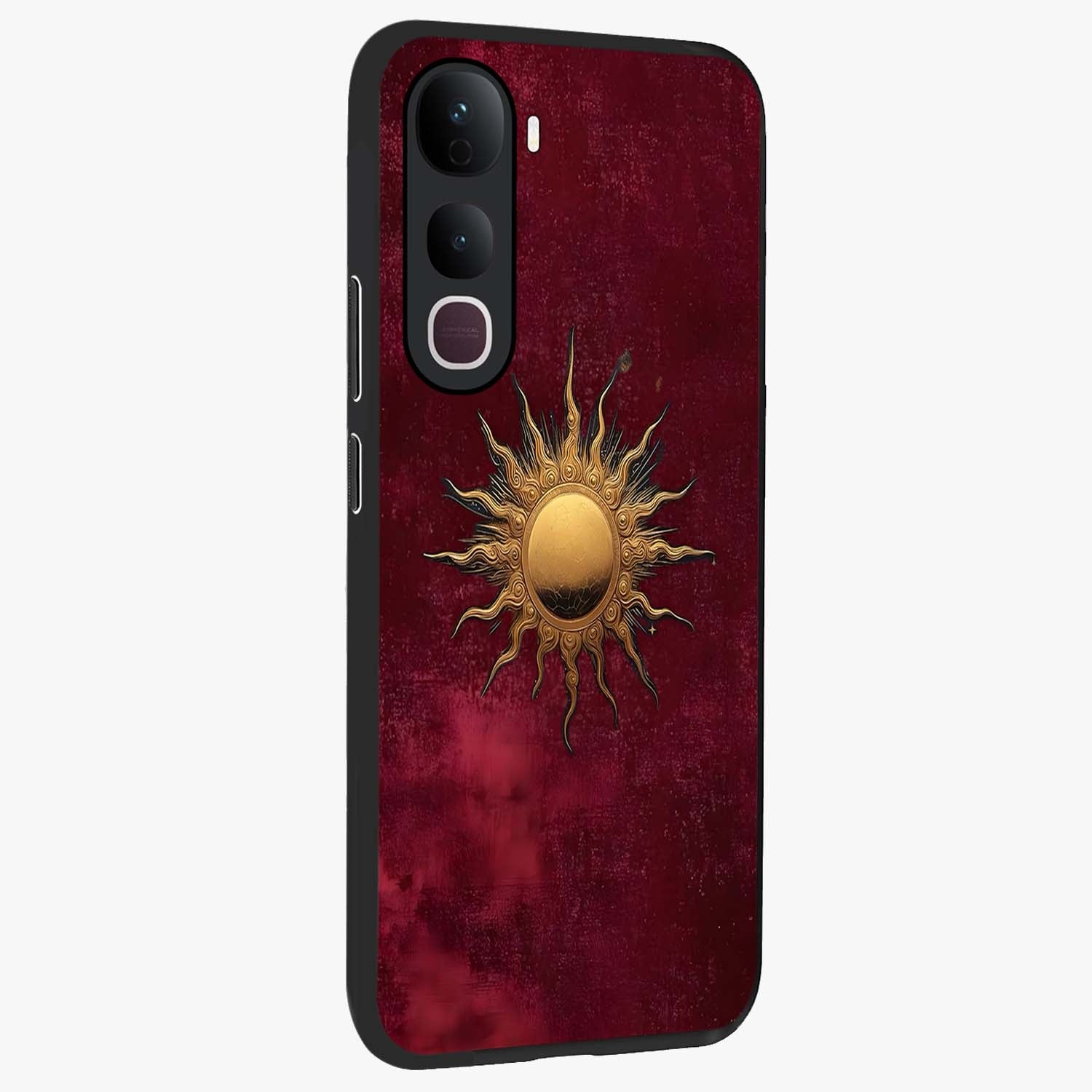 Golden Sun Minimalism Glass Case upright view showcasing simple golden sun artwork with elegant minimalist style.