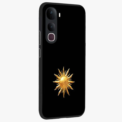 Golden Sun Minimalism Glass Case upright view showcasing haunting graveyard artwork with dramatic dark theme.