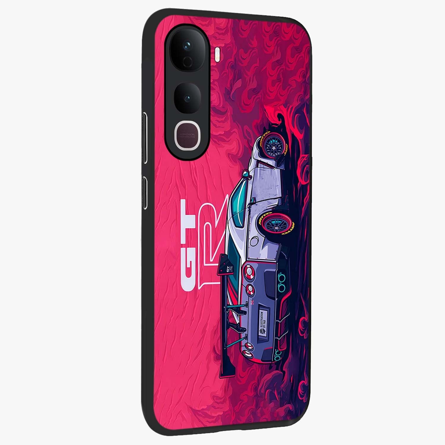 GT-R Car Pattern Glass Case upright view showcasing dynamic car pattern artwork with modern sports theme.