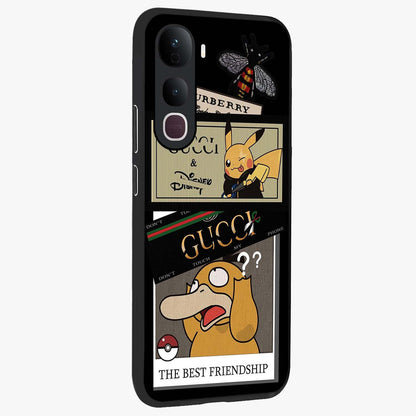 Gucci Play Mashup Glass Case upright view showcasing trendy luxury inspired artwork with modern fashion theme.