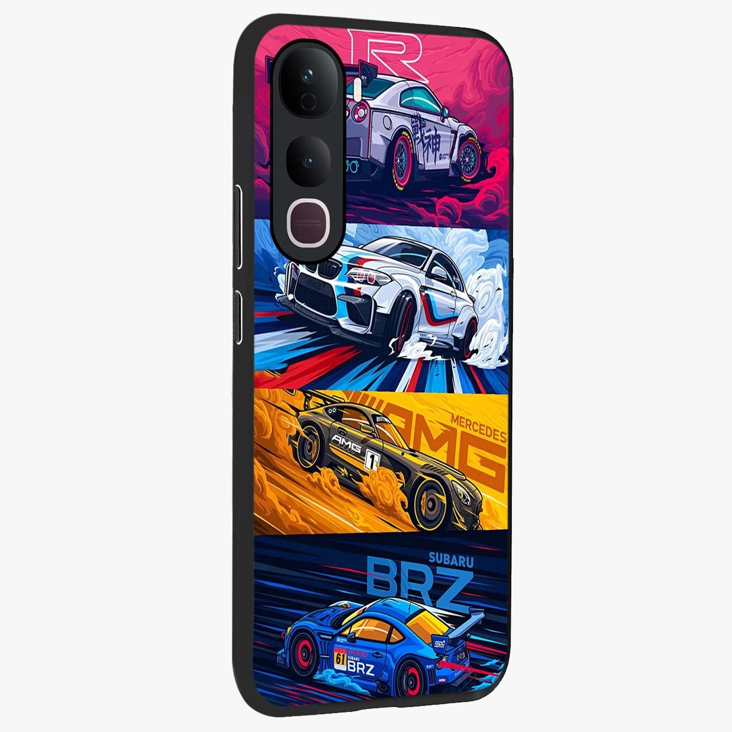 JDM Sports Car Glass Case upright view showcasing dynamic sports car artwork with bold racing theme.