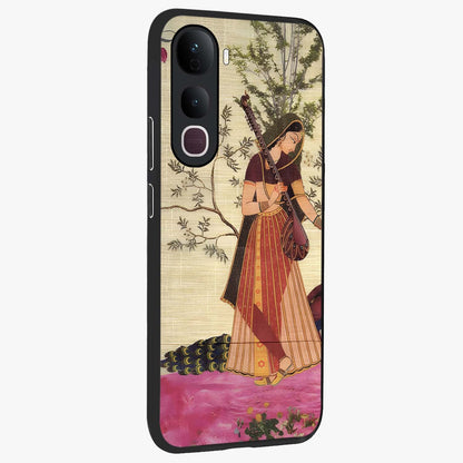 Lady With Veena Art Glass Case upright view showcasing classical veena artwork with traditional artistic theme.