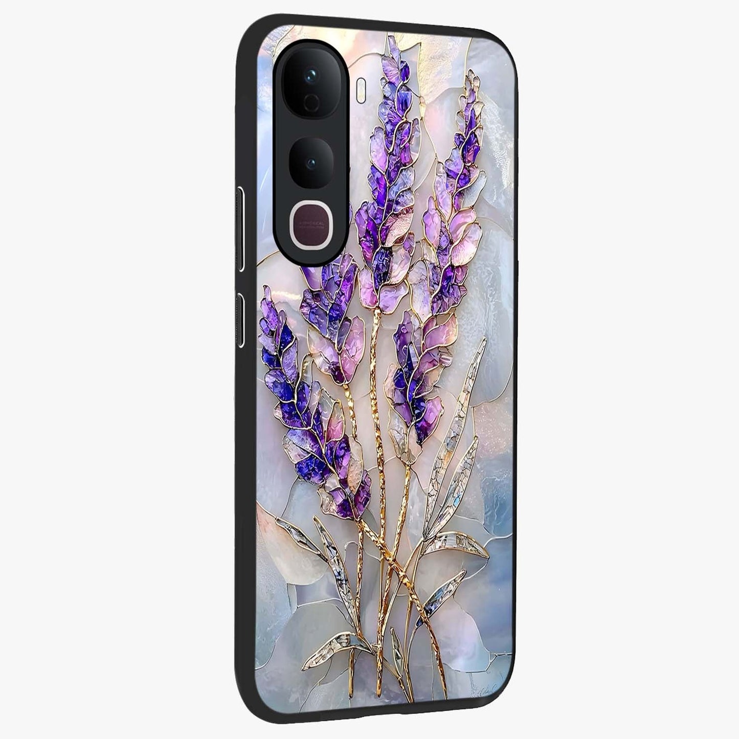 Lavender Dream Glow Glass Case upright view showcasing radiant lavender glow artwork with calming dreamy theme.