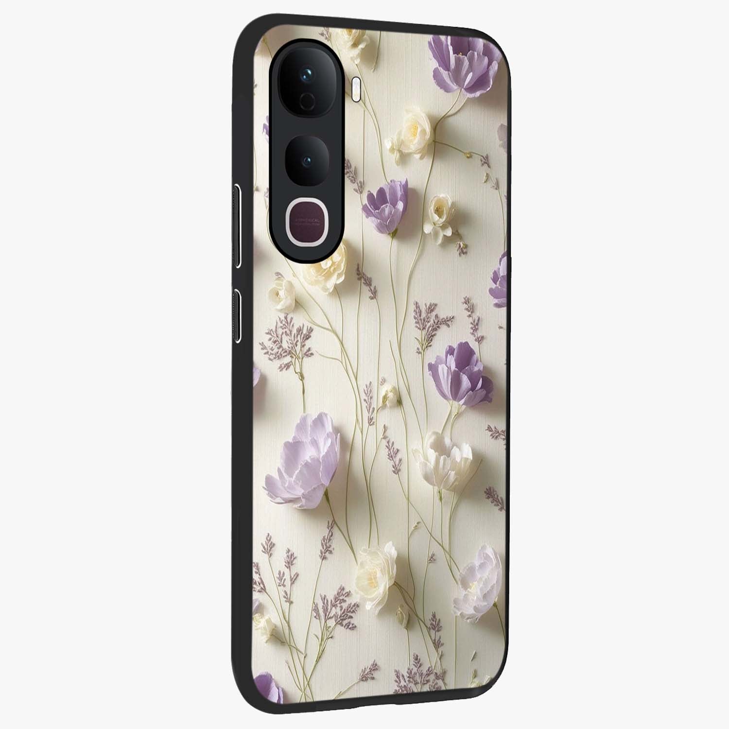 Lilac Breeze Harmony Glass Case upright view showcasing delicate lilac artwork with peaceful floral theme.