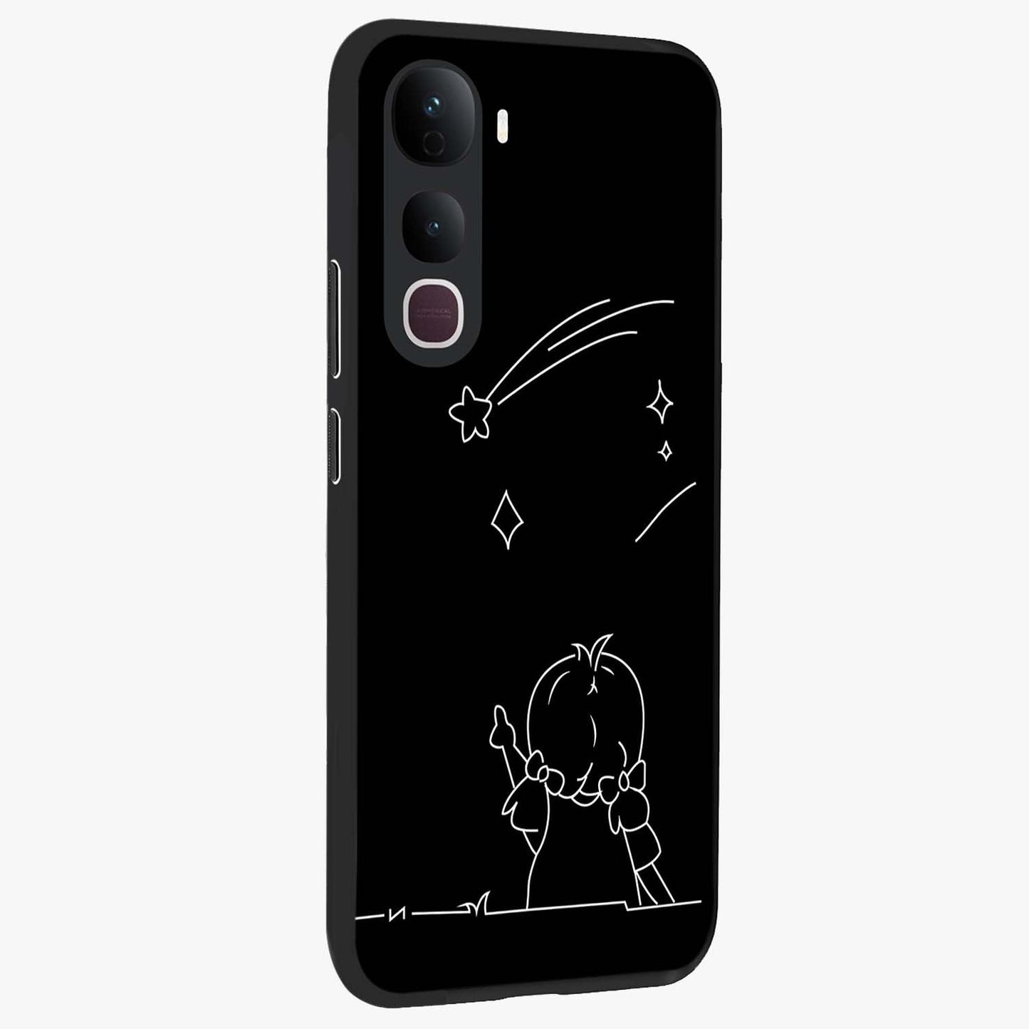 Line Art Girl With Shooting Stars Glass Case upright view showcasing delicate shooting stars artwork with minimal artistic theme.